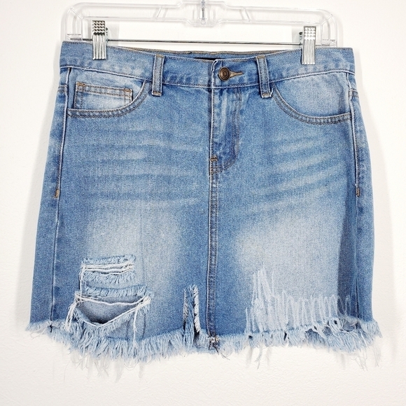 FOREVER 21 DISTRESSED DENIM SKIRT - Picture 1 of 8